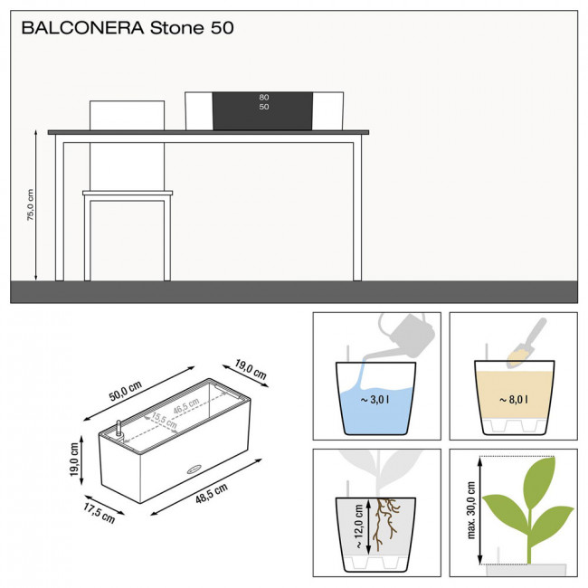 Кашпо Lechuza Balconera Stone 50 (графитовый черный) с автополивом