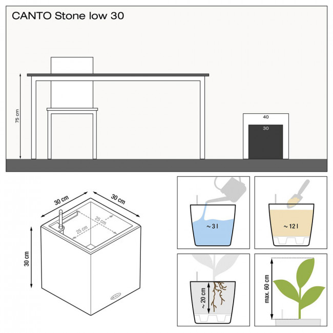 Кашпо Lechuza Canto Stone low (графитовый черный) с автополивом