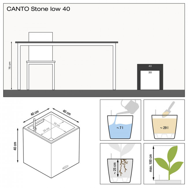Кашпо Lechuza Canto Stone low (графитовый черный) с автополивом
