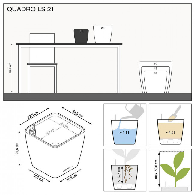 Кашпо Lechuza Quadro LS (черный лакированный) с автополивом