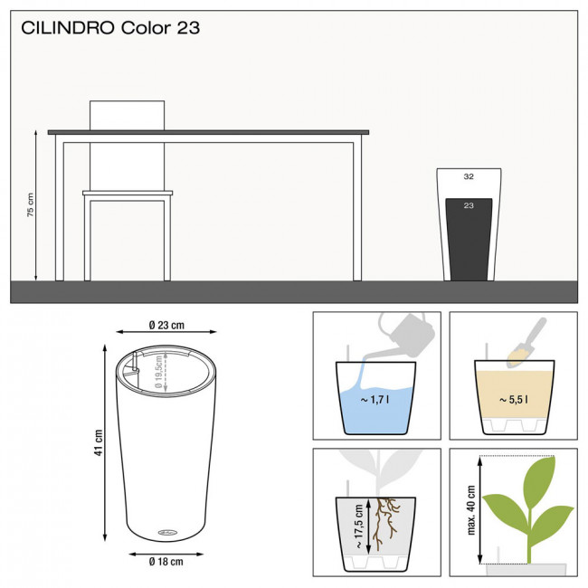 Кашпо Lechuza Cilindro Color (серый) с автополивом