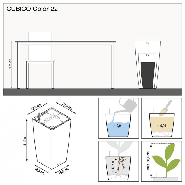 Кашпо Lechuza Cubico Color (серый) с автополивом